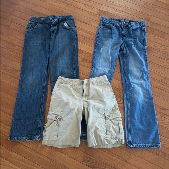 2 pairs boys bootcut jeans and 1 pair khaki cargo shorts size 14 - Picture 1 of 7